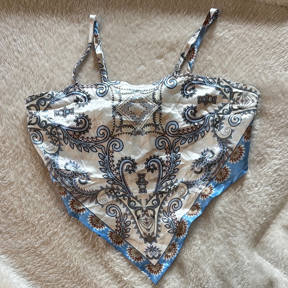 Silk blue and white bandana tie top